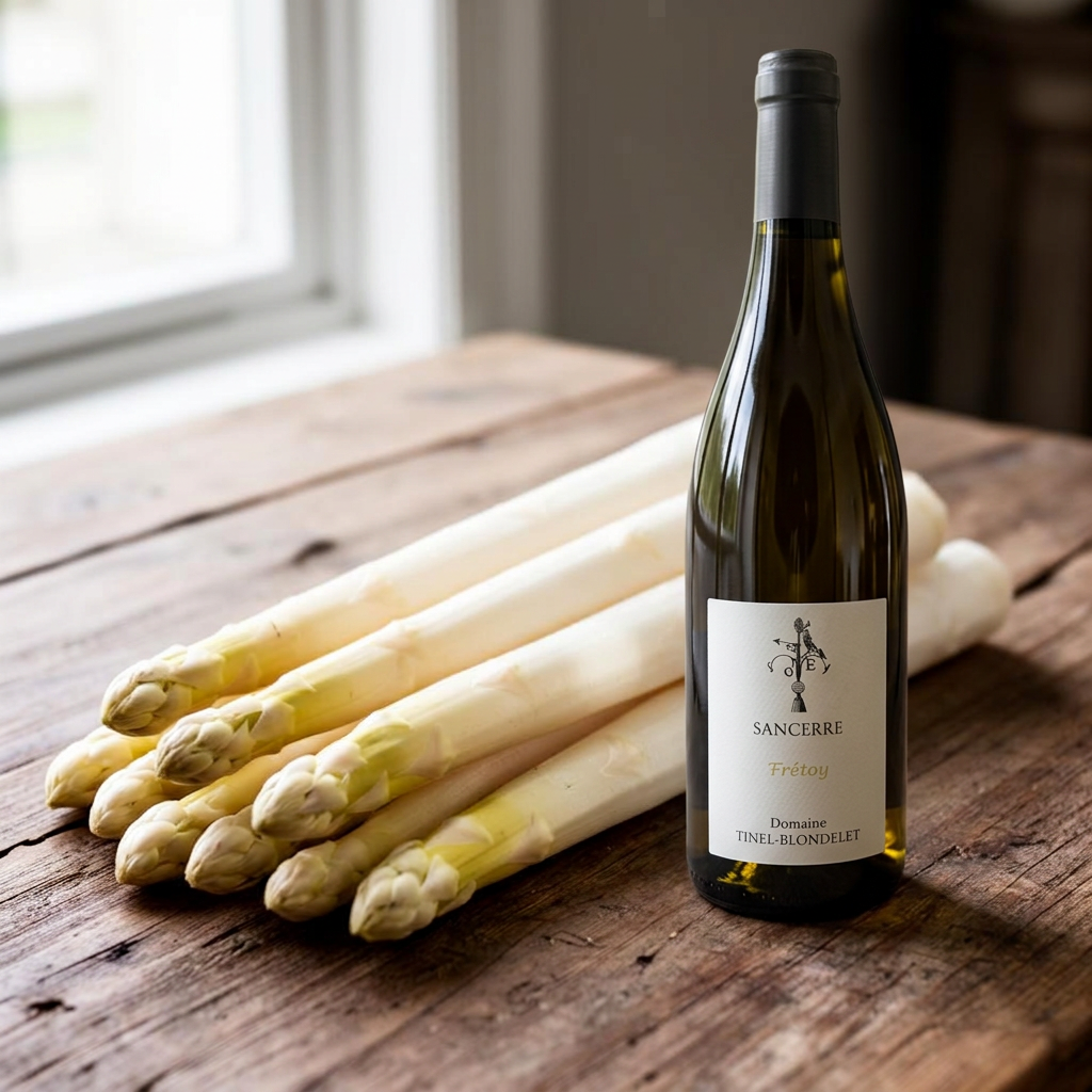 Verse witte asperges op een houten tafel naast een glas Sancerre