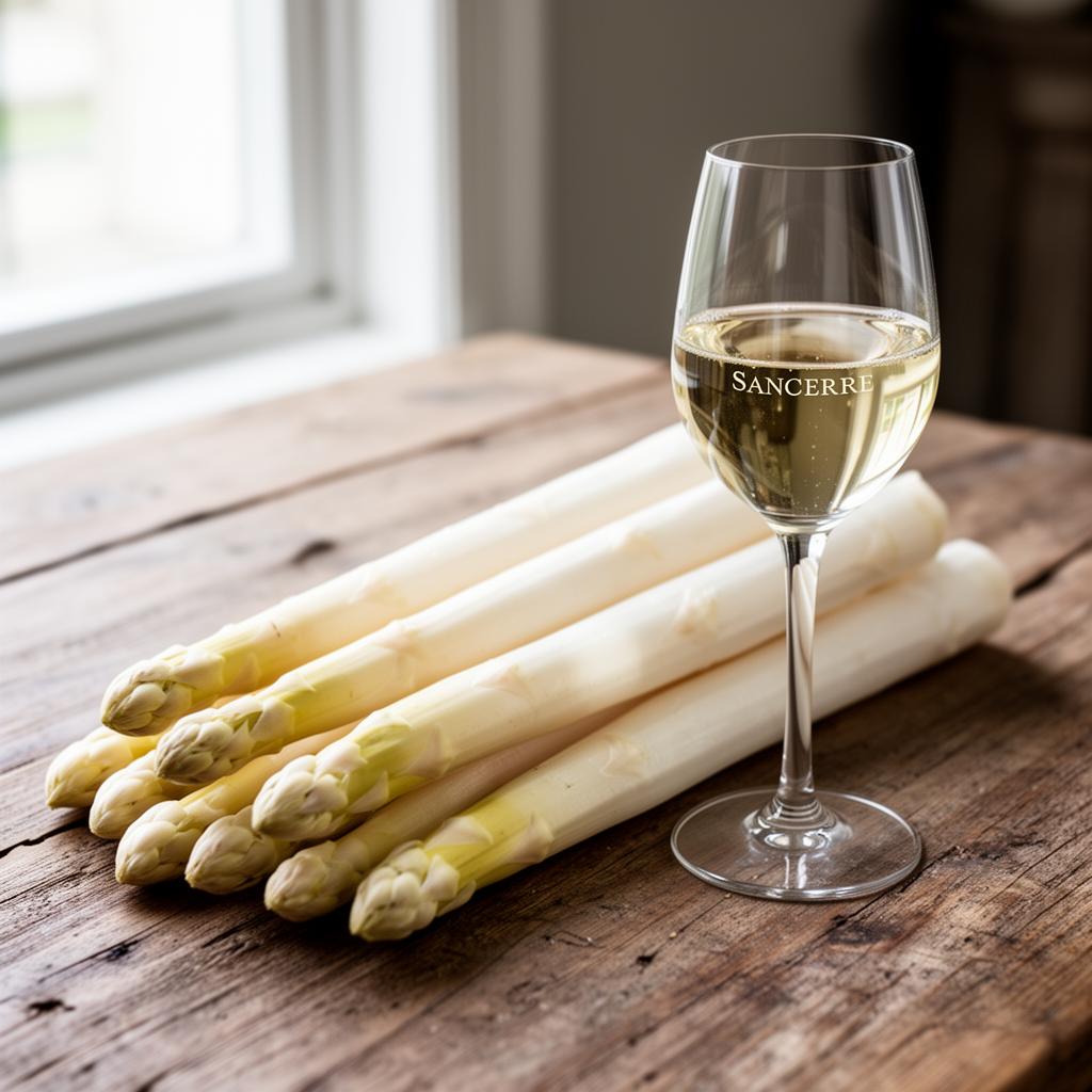 Verse witte asperges op een houten tafel naast een glas Sancerre