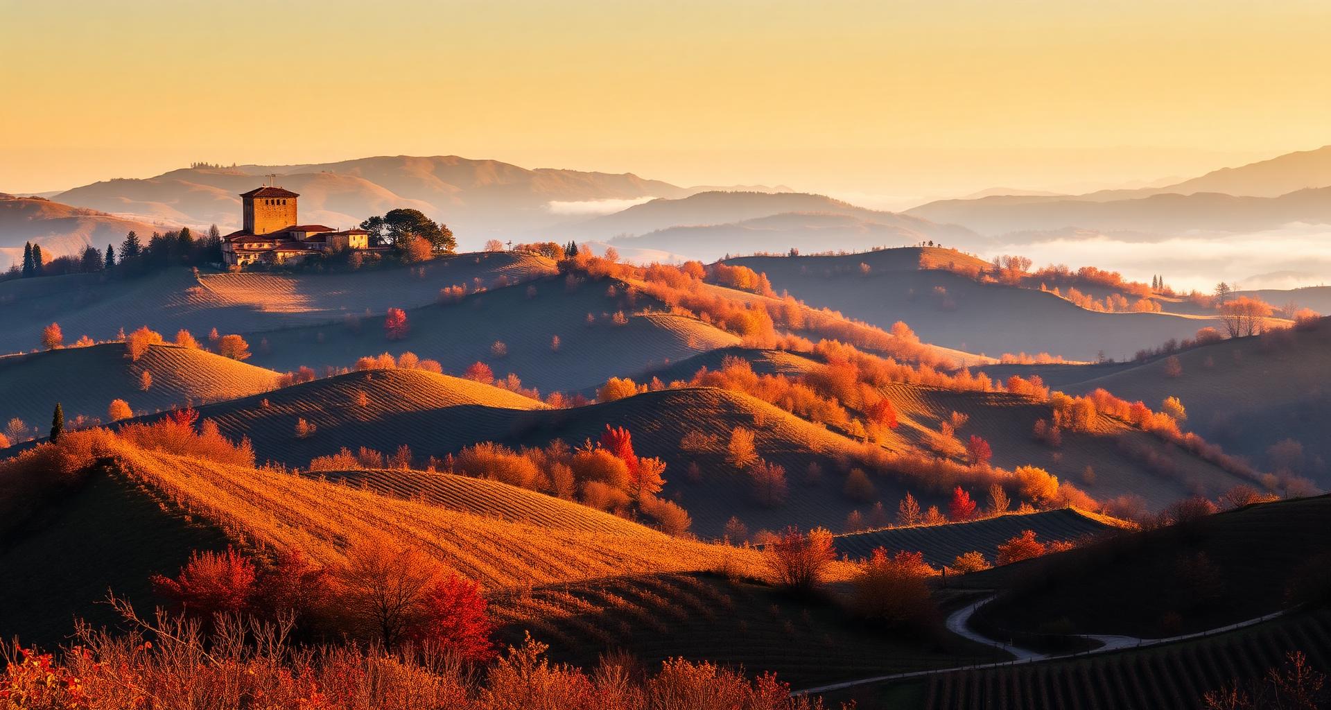 Wijngaarden in Barolo, Piemonte, in herfsttooi met heuvels en mist
