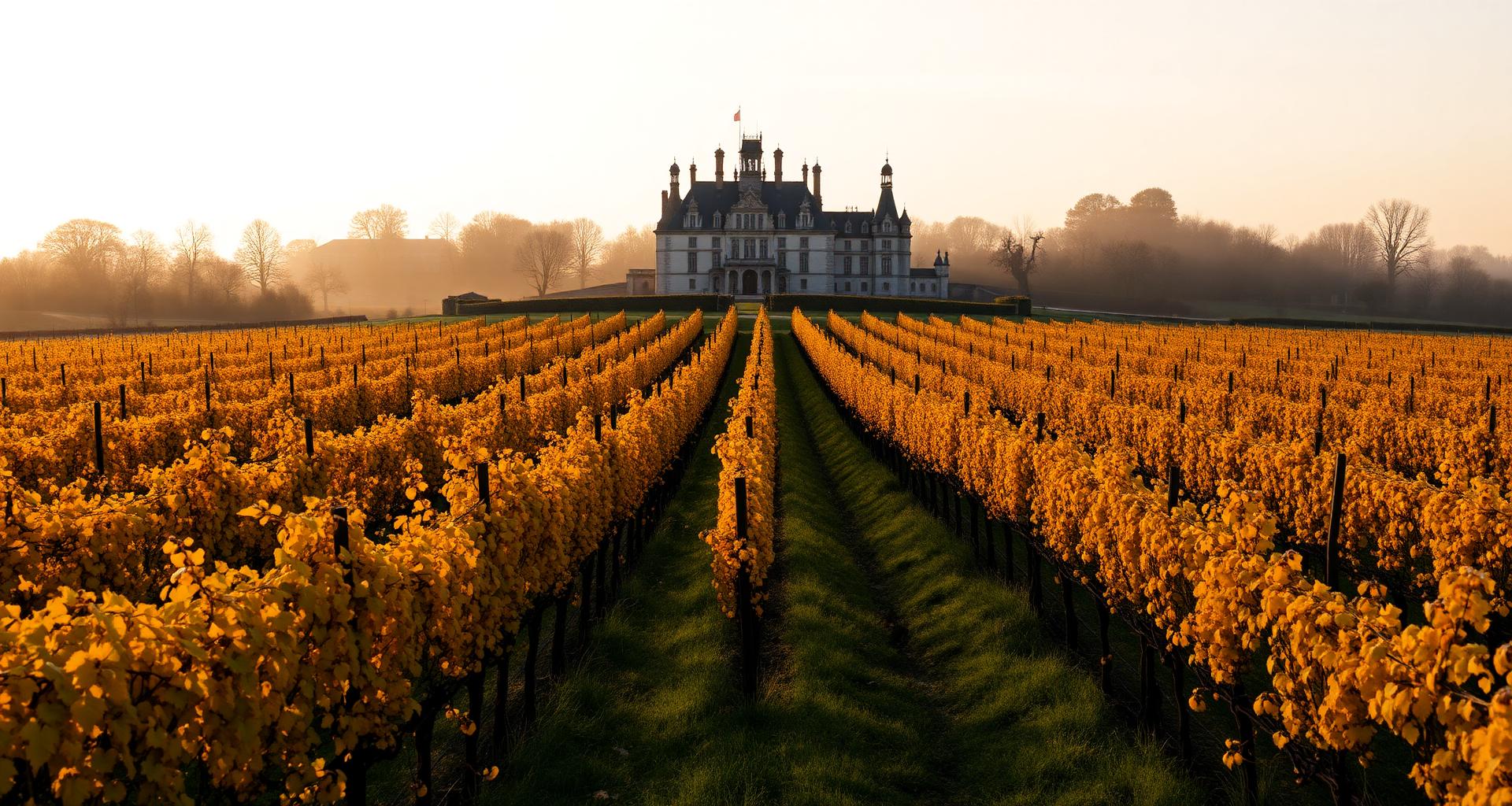Bordeaux château vineyards in autumn with golden foliage