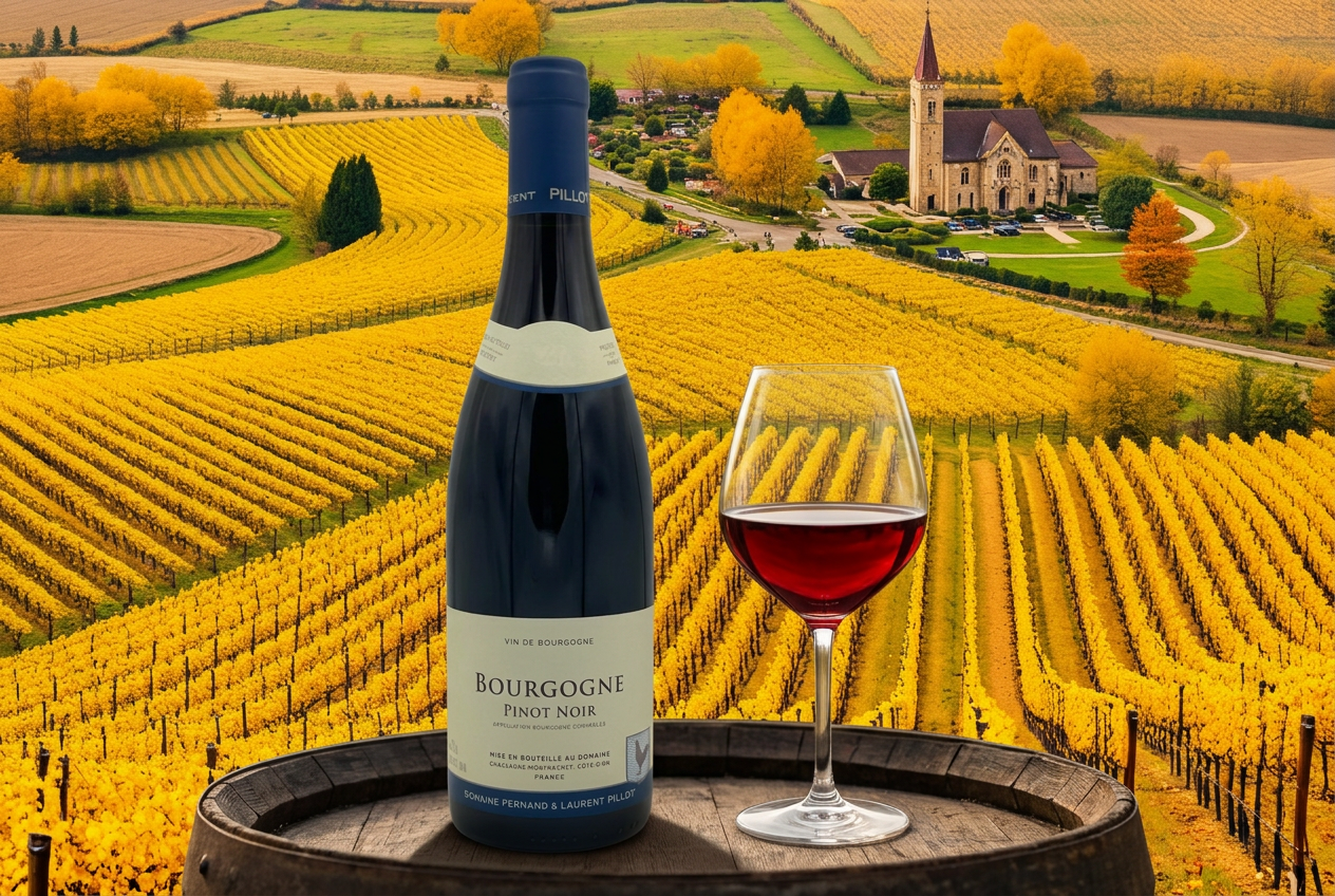 Wijngaarden in herfstkleuren rond een dorpskerk in de Bourgogne