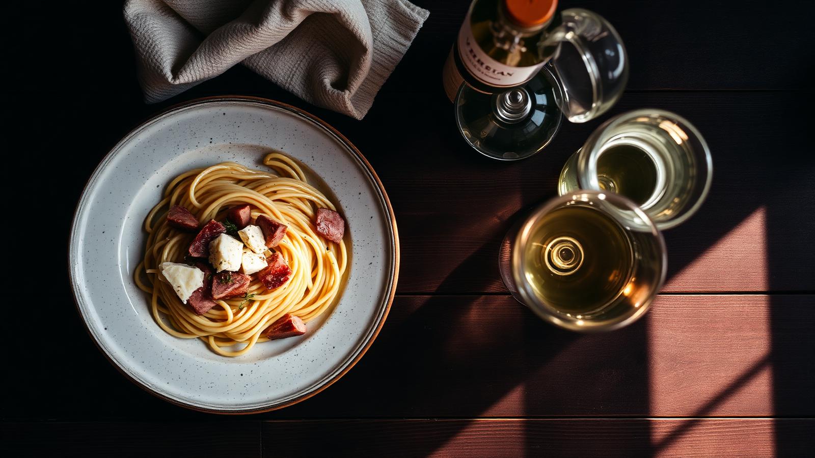Bord spaghetti carbonara naast een fles Italiaanse Verdicchio