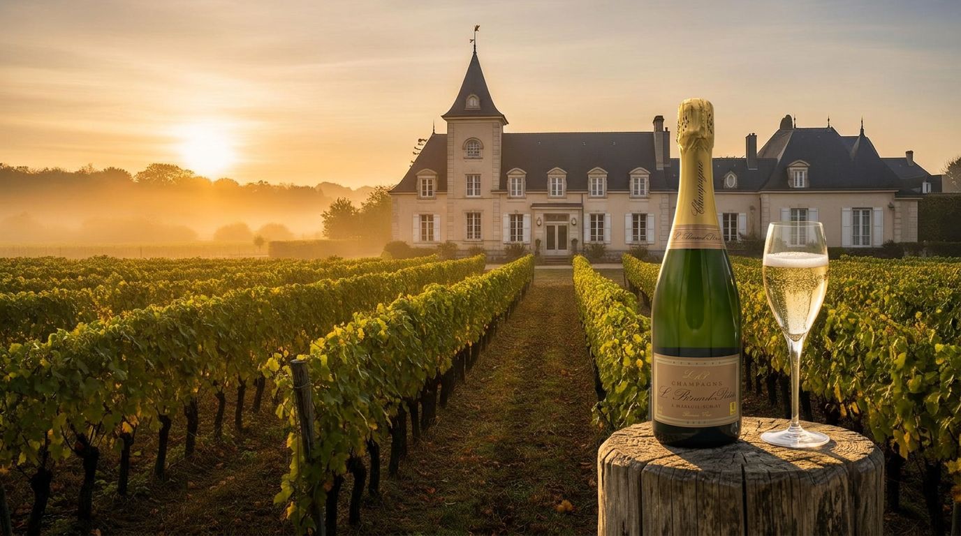 Kleine Champagne-wijngaard bij zonsopgang met familiaal château op de achtergrond