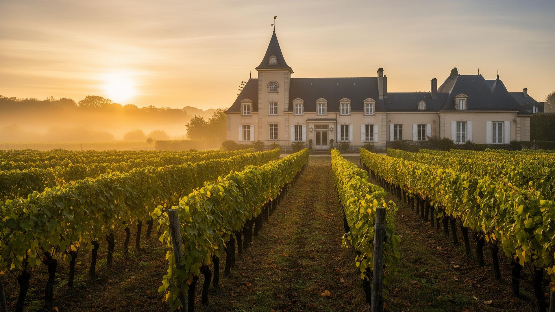 Kleine Champagne-wijngaard bij zonsopgang met familiaal château op de achtergrond