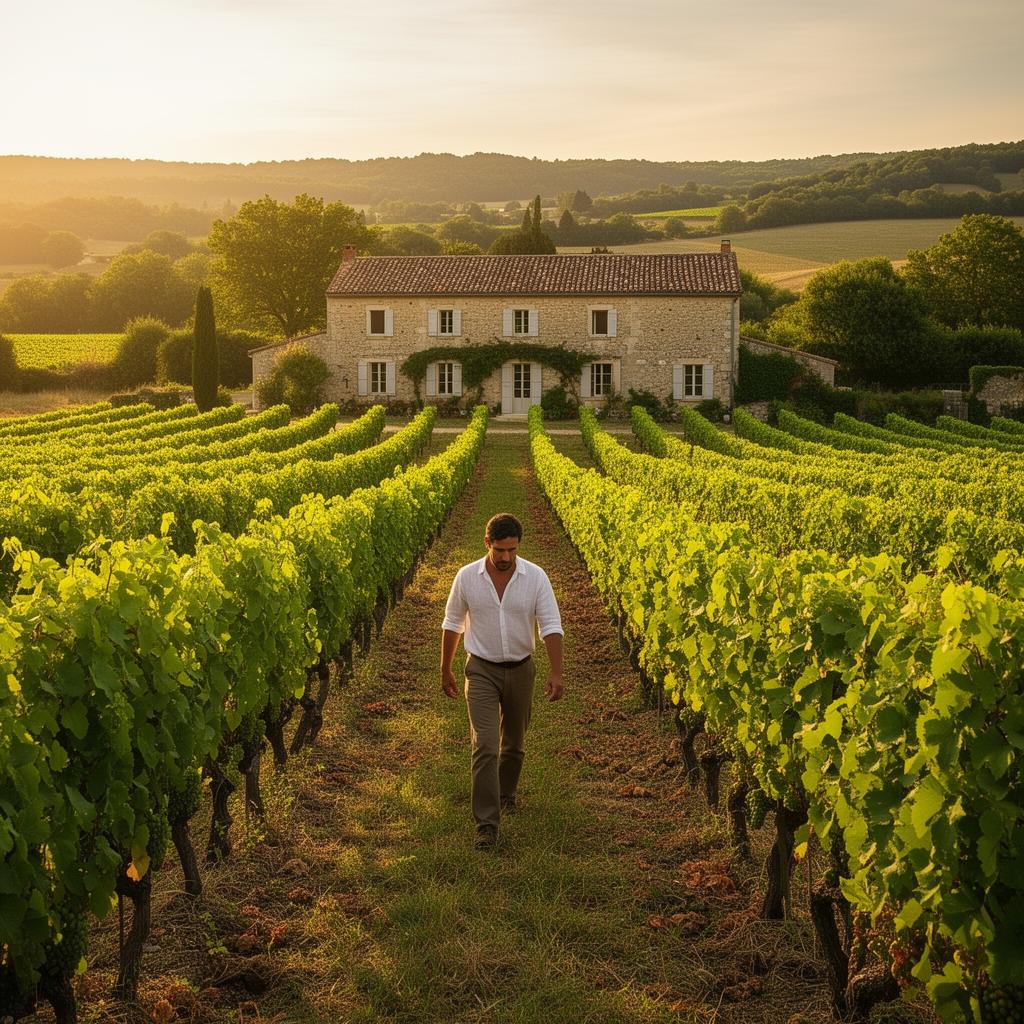 Wijnmaker loopt door wijngaard van een Frans familiedomein