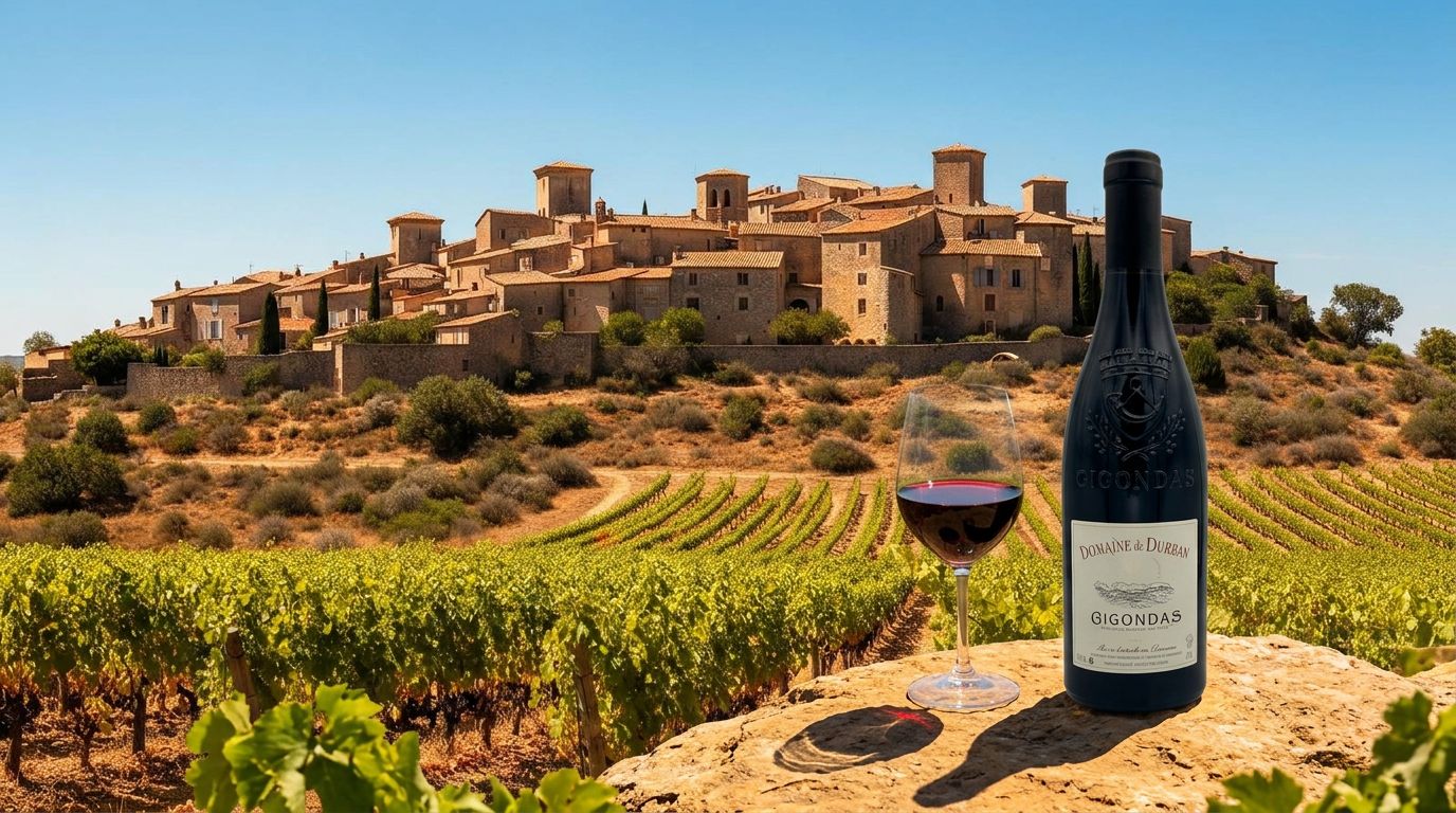 Zongerijpte wijngaarden in de Languedoc met middeleeuws dorp op de achtergrond