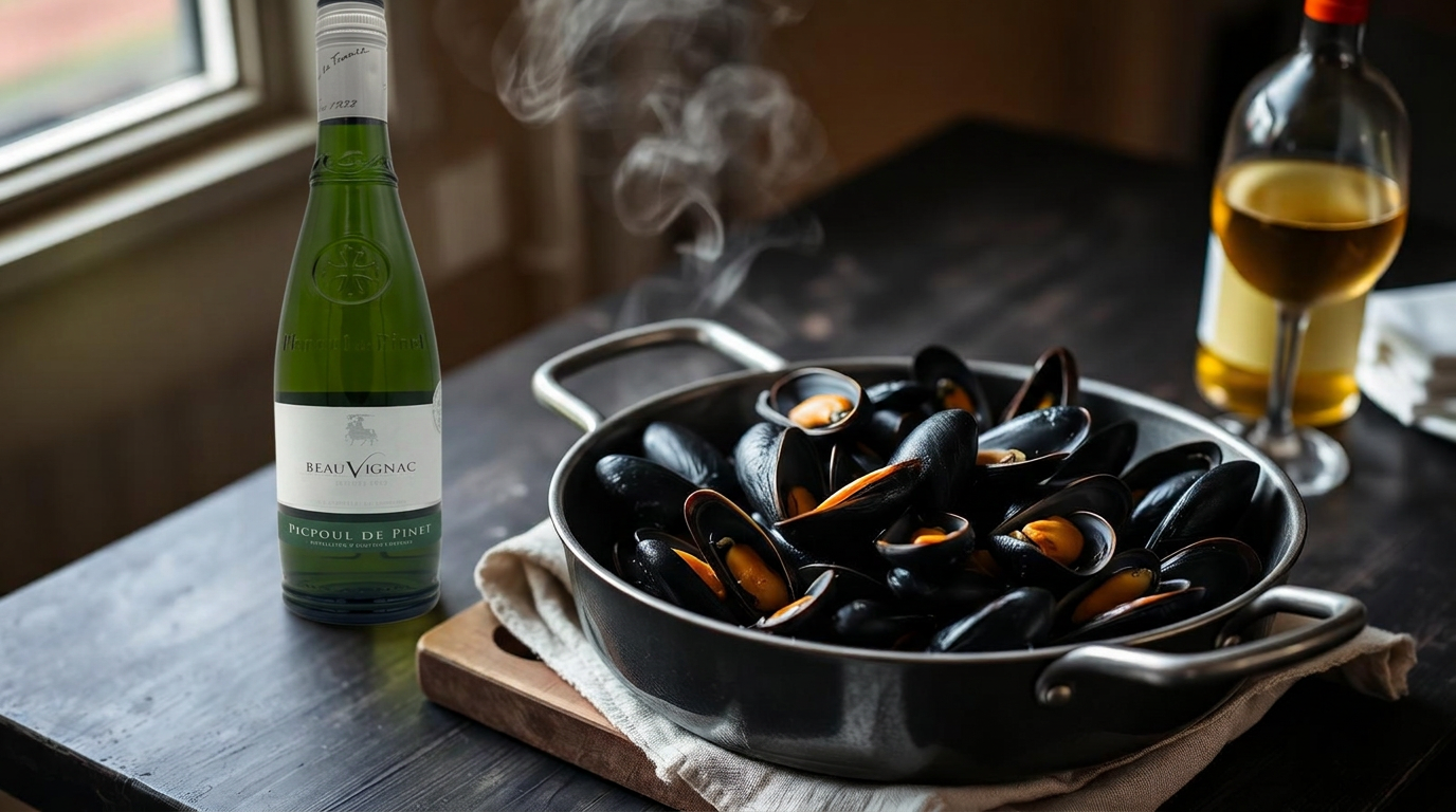 Pan met Zeeuwse mosselen naast een fles Picpoul de Pinet