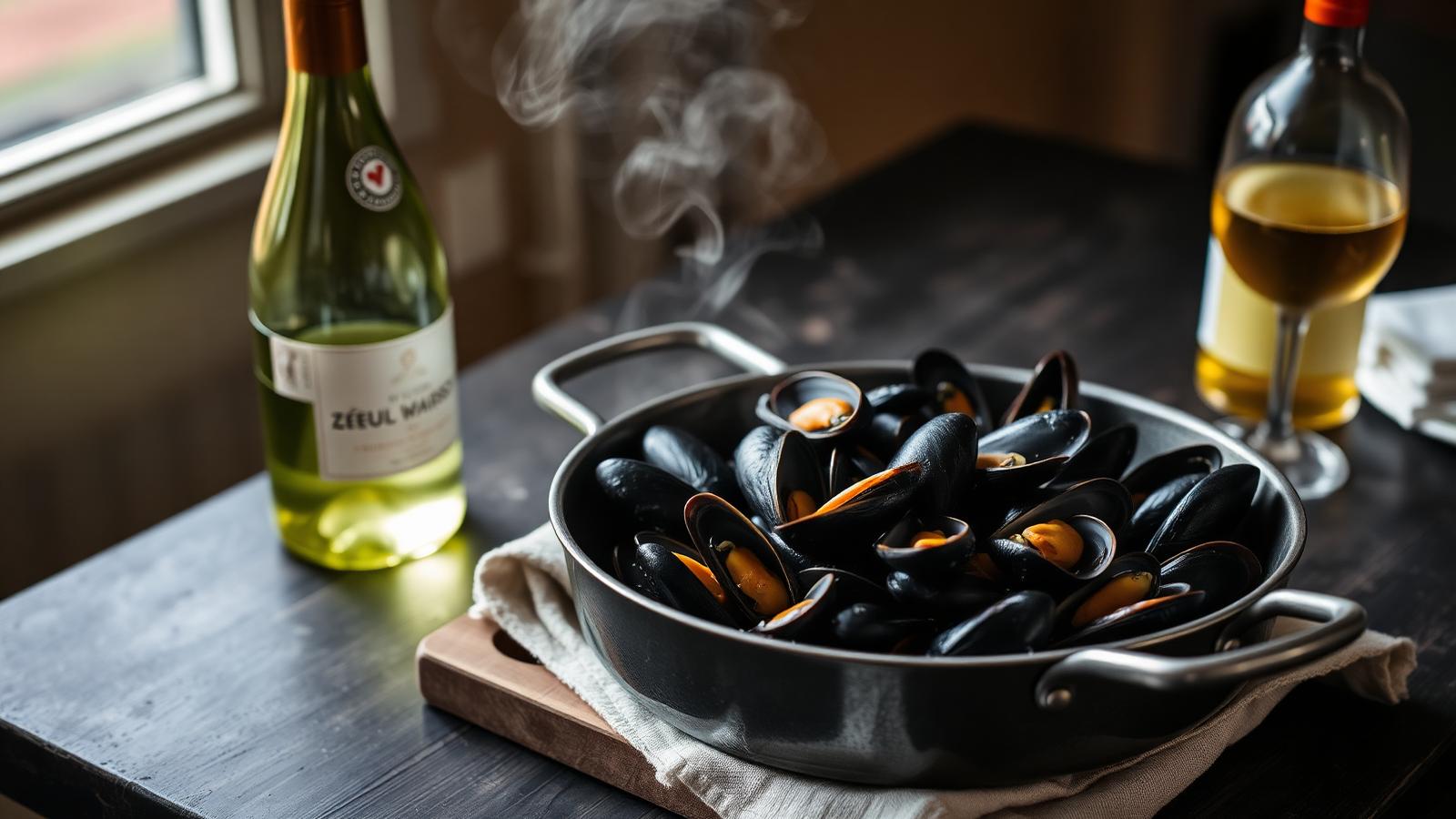 Pan met Zeeuwse mosselen naast een fles Picpoul de Pinet