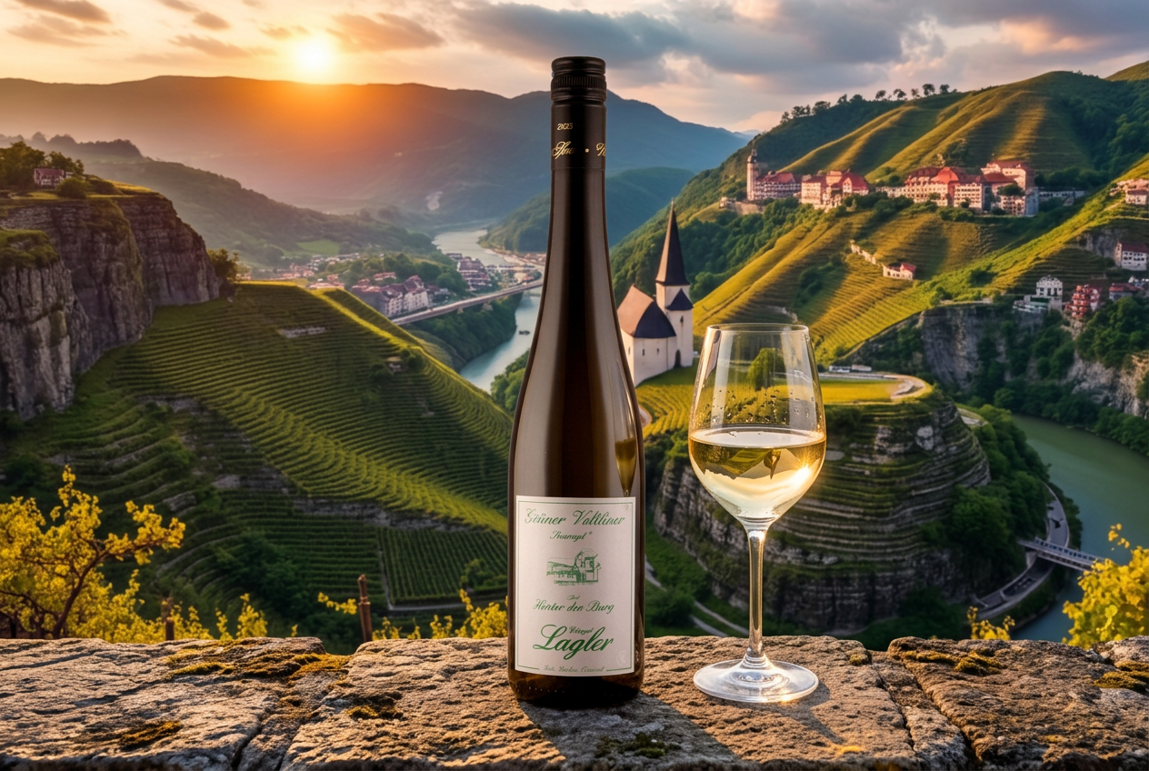 Wijnterrassen langs de Donau in de Wachau bij zonsondergang