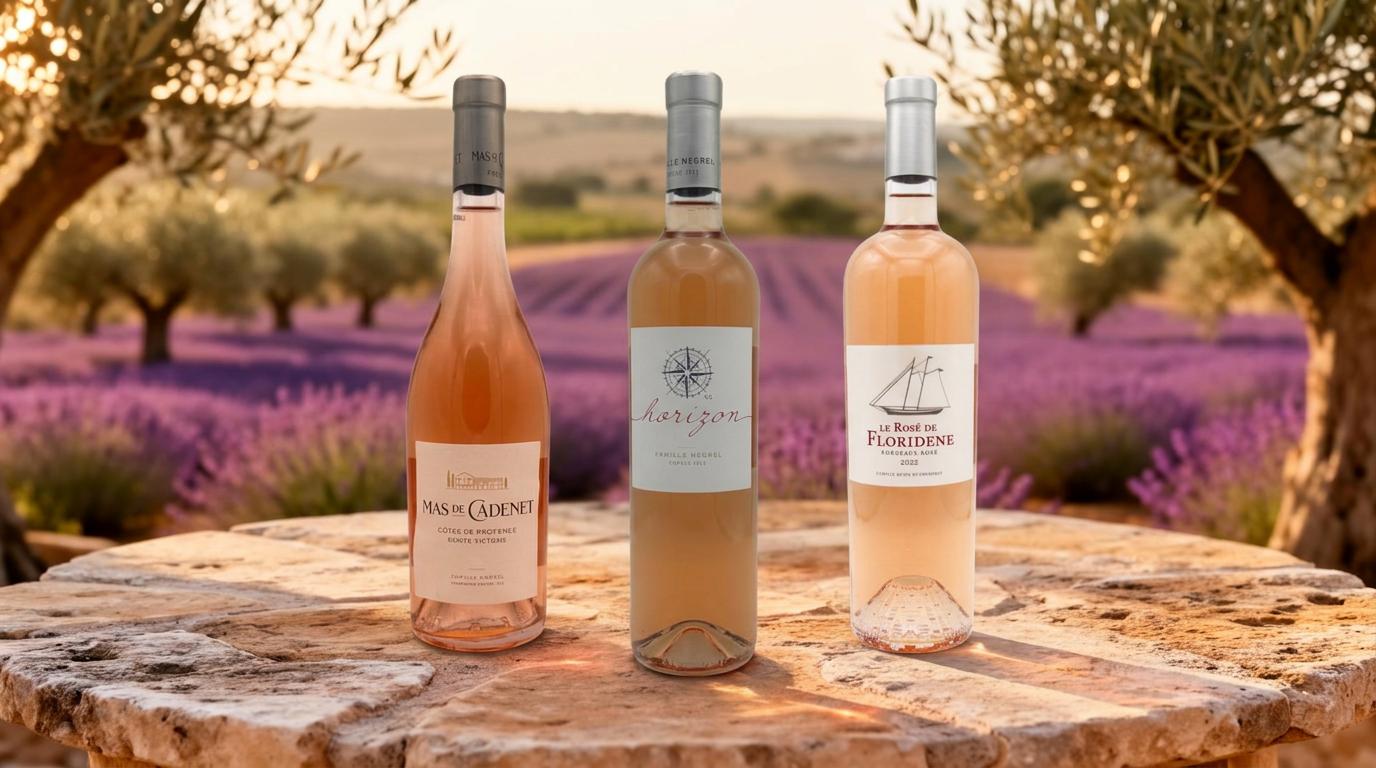 Drie glazen rosé wijn in verschillende tinten op een Mediterraans terras