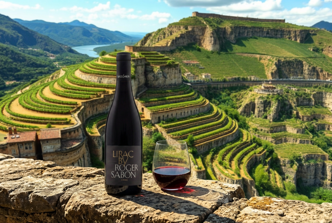 Steile wijnterrassen boven de rivier in de Rhône-vallei